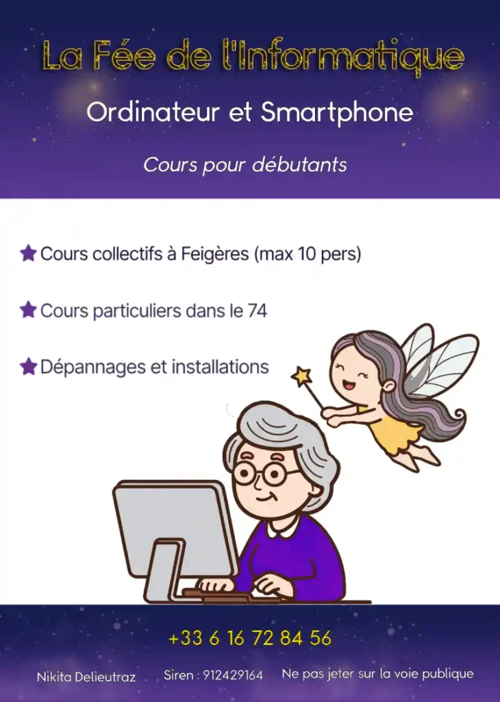 Flyer fée de l'informatique, cours d'informatique pour débutants en Haute-Savoie, à Feigères. Cours particuliers et cours collectifs. Le visuel montre une petite fée aidant une dame âgée avec son ordinateur.