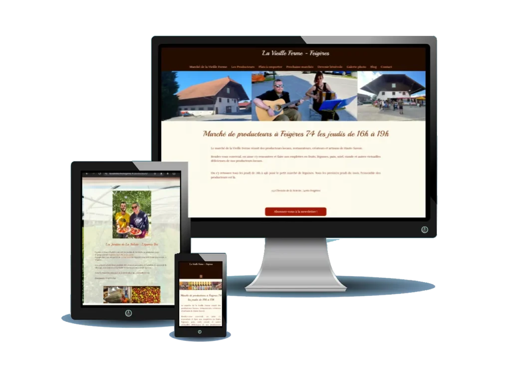 Site internet pour marché de producteurs locaux à Feigères. Site crée avec WordPress Elementor, site web responsive, créatif, sur mesure et site sécurisé.