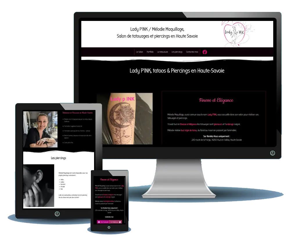 Site internet pour tatoueuse. Site crée avec WordPress Elementor, site web responsive, créatif, sur mesure et site sécurisé.