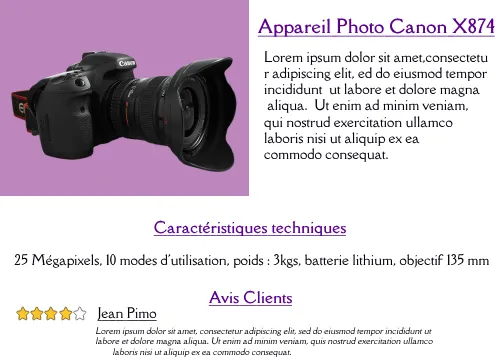 Fiche produit mettant en avant les qualités et caractéristiques techniques d'un appareil photo, pour convaincre les prospects.