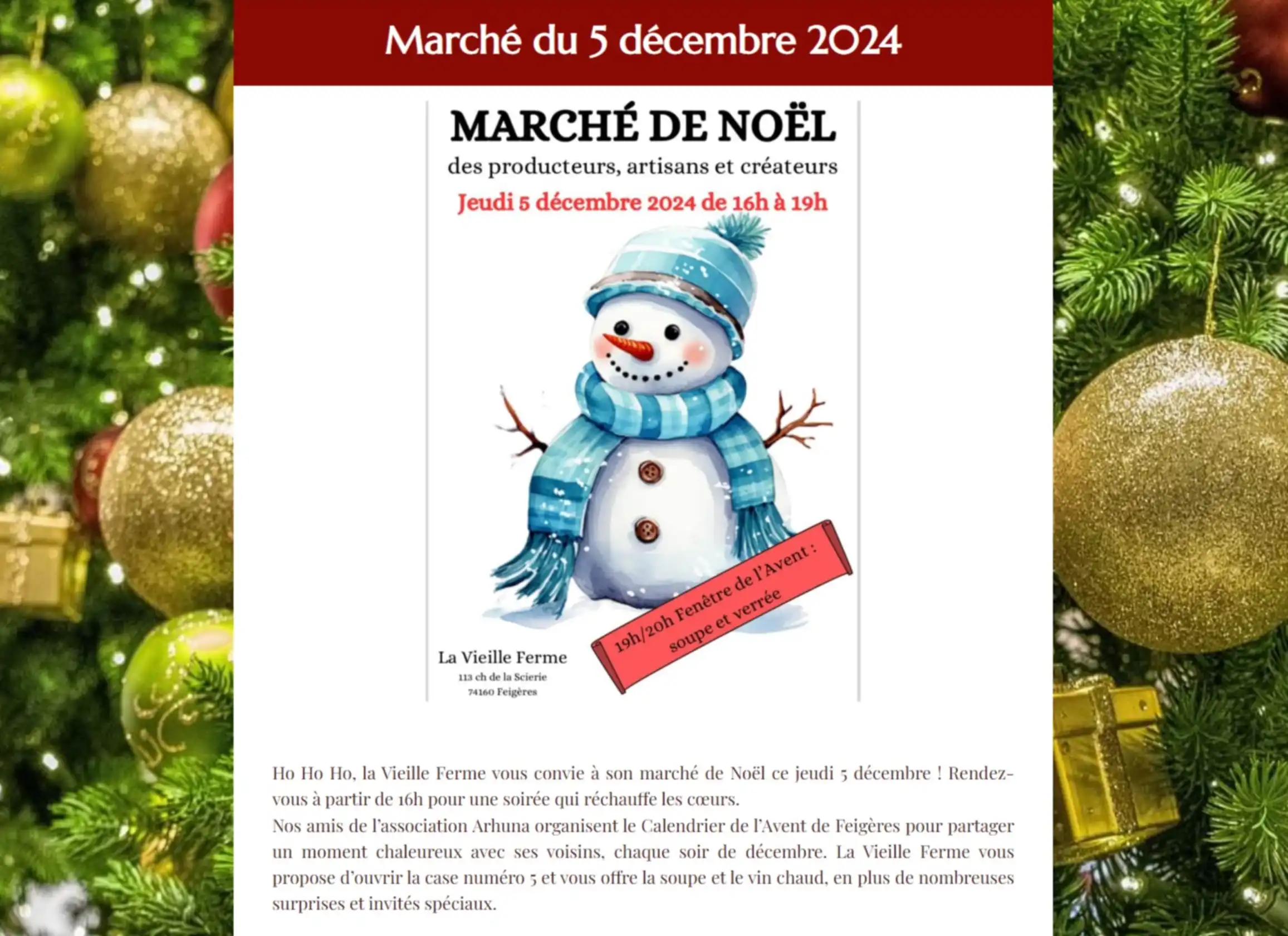 Newsletter pour le marché de Noël de La Vieille Ferme à Feigères. Rédaction de textes pour annoncer le programme et les nouveautés de ce marché de producteurs.