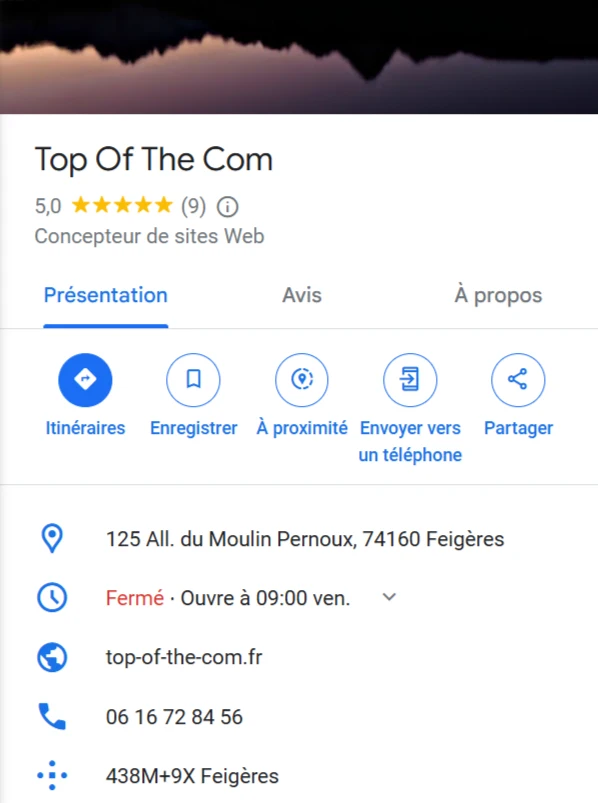 Fiche Google My Business (GMB) de Top Of The Com, pour optimiser le référencement naturel local, être trouvable sur Google Maps, partager les avis reçus...
